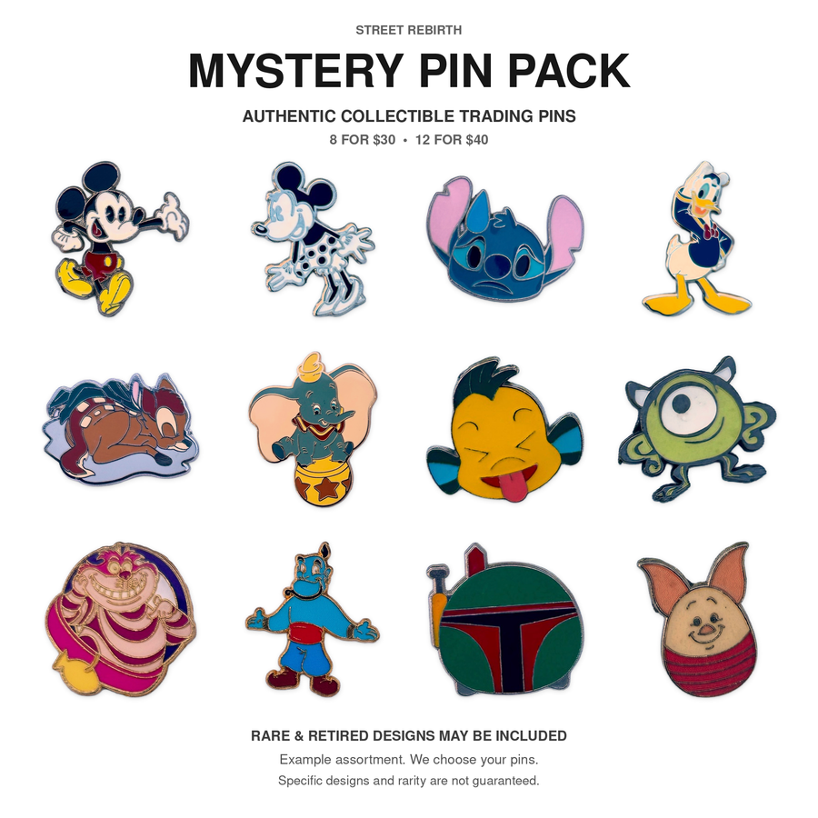 Twelve example authentic collectible character trading pins. Choose 8 or 12 seller-selected pins; rare or retired designs may be included.