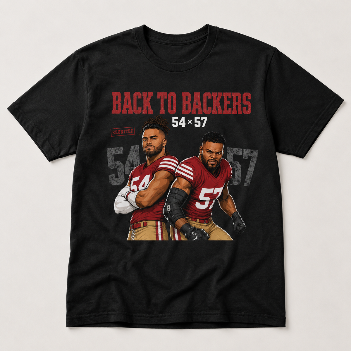 Fred Warner 54 and Dre Greenlaw 57 San Francisco 49ers Back to Backers graphic on black football shirt