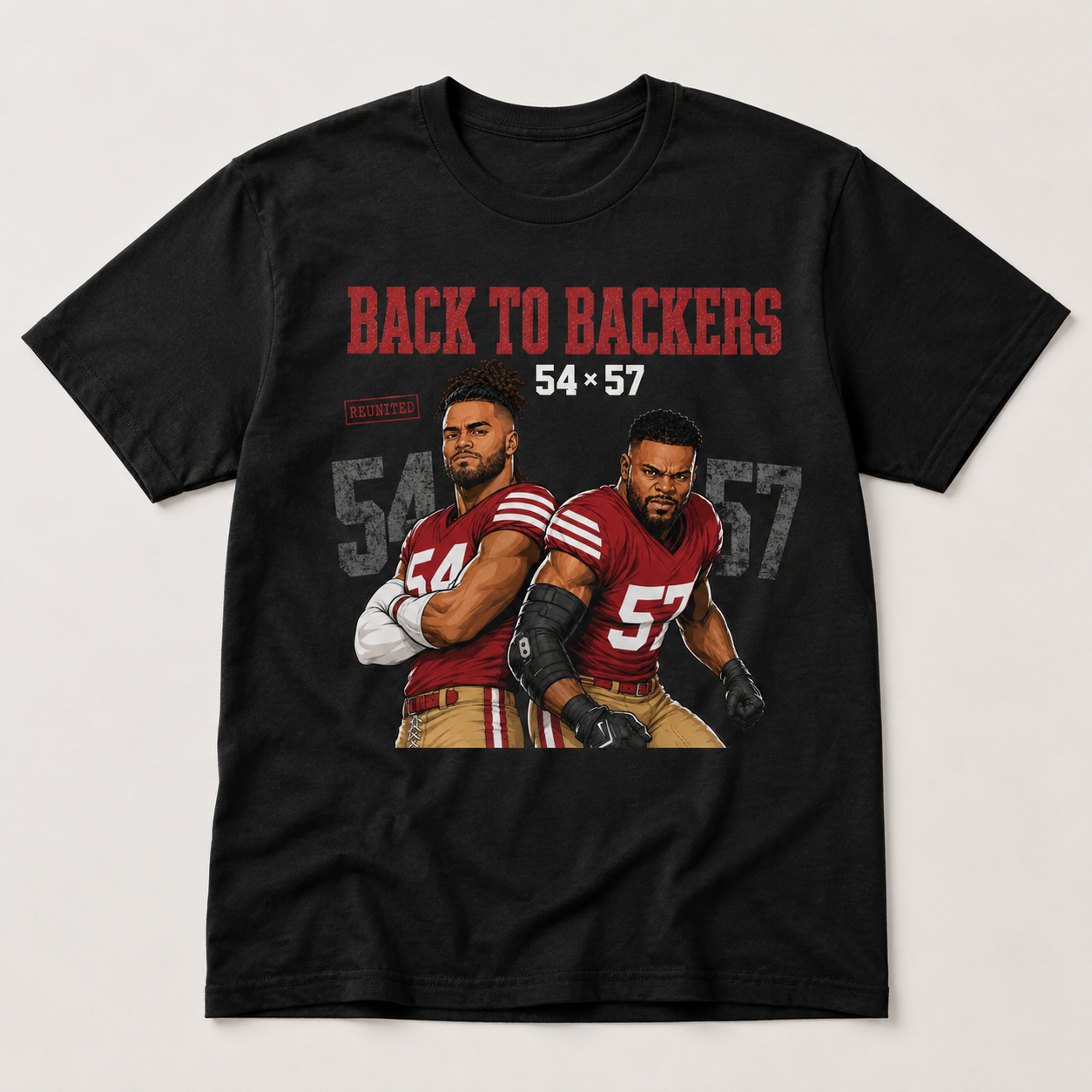 Fred Warner 54 and Dre Greenlaw 57 San Francisco 49ers Back to Backers graphic on black football shirt