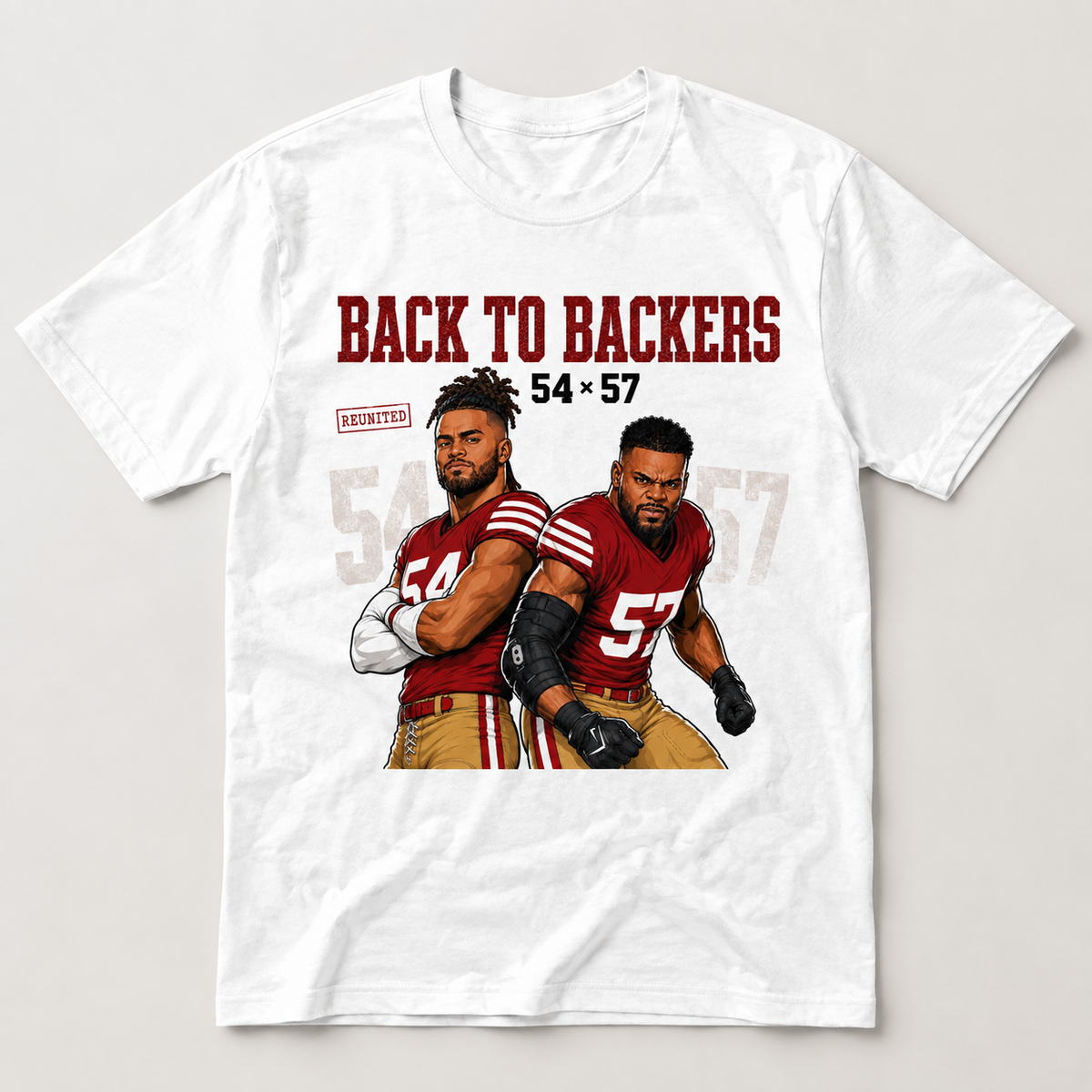 Fred Warner 54 and Dre Greenlaw 57 San Francisco 49ers Back to Backers graphic on white football shirt