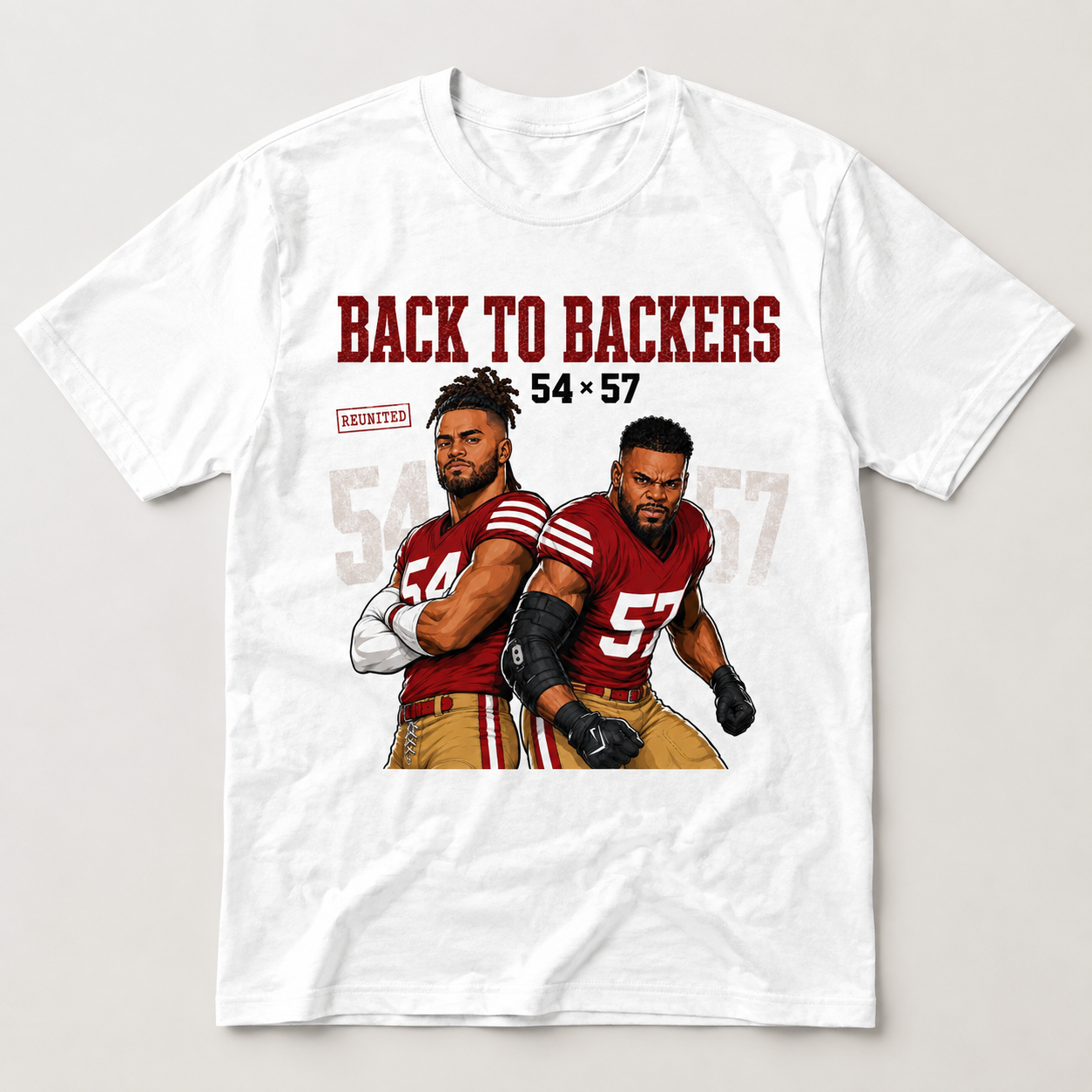 Fred Warner 54 and Dre Greenlaw 57 San Francisco 49ers Back to Backers graphic on white football shirt