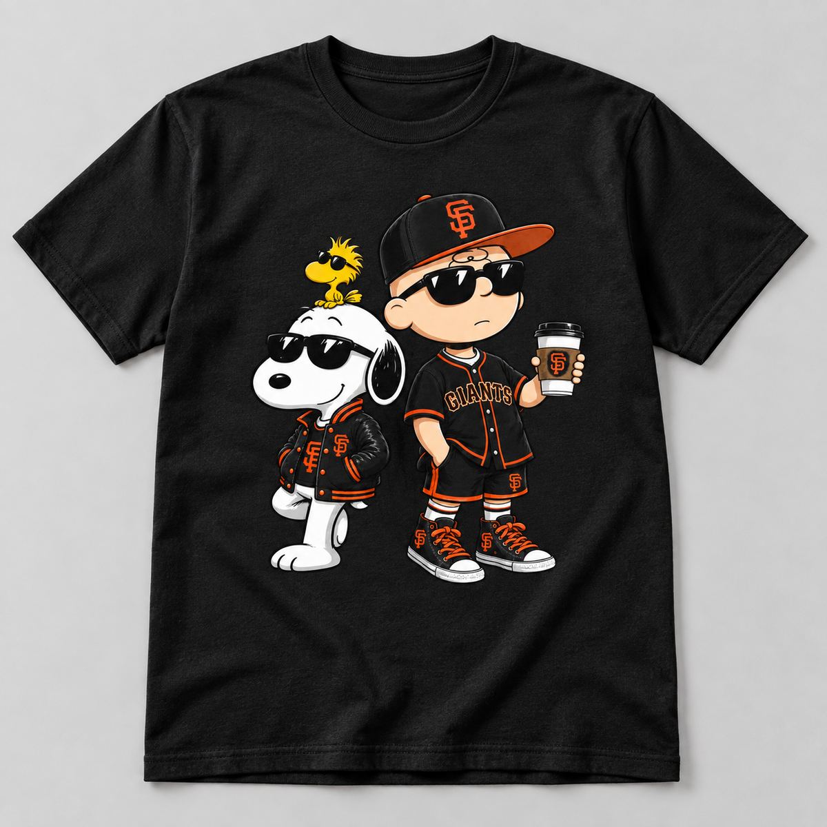 Black graphic T-shirt with orange and black baseball cartoon trio design