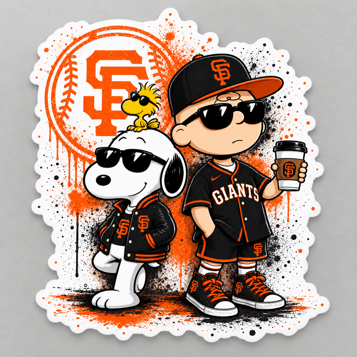 Orange and black baseball cartoon trio matte vinyl sticker mockup