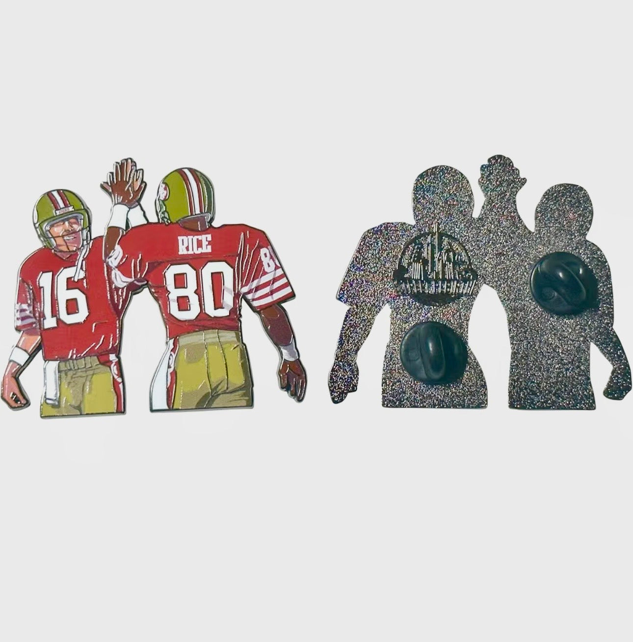 Bay Area football legends number 16 and 80 enamel pin back with two posts