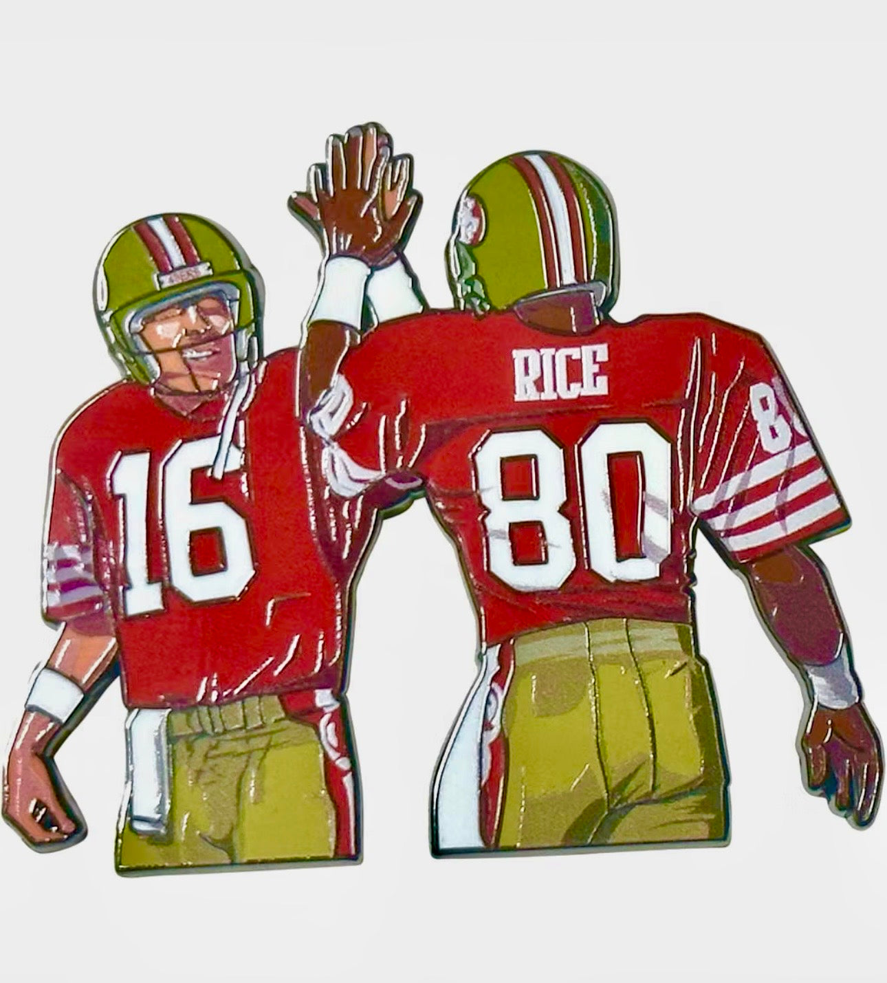 Bay Area football legends number 16 and 80 red and gold enamel pin front view