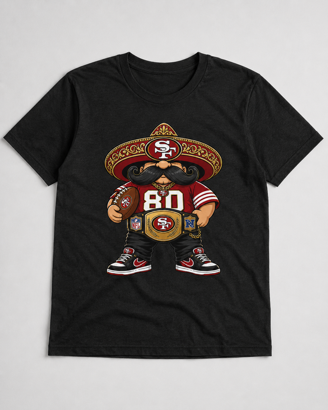 Red and gold Bay Area football sombrero champion character holding football graphic on black shirt