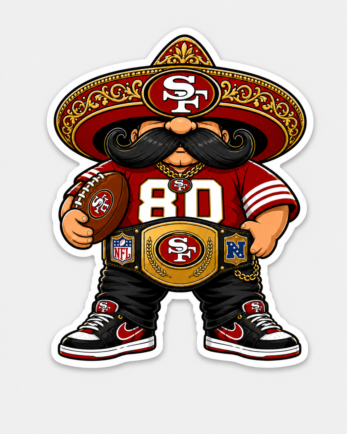 Red and gold Bay Area football sombrero champion character holding football vinyl sticker