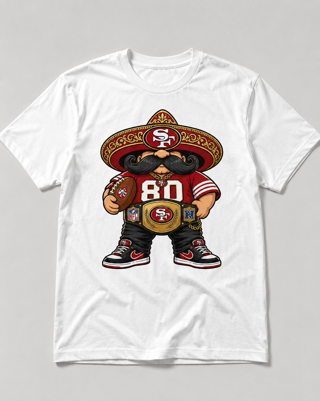Red and gold Bay Area football sombrero champion character holding football graphic on white shirt