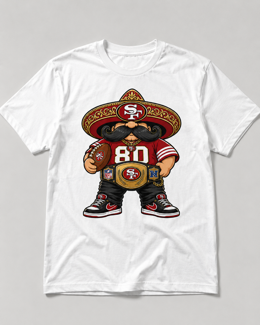 Red and gold Bay Area football sombrero champion character holding football graphic on white shirt