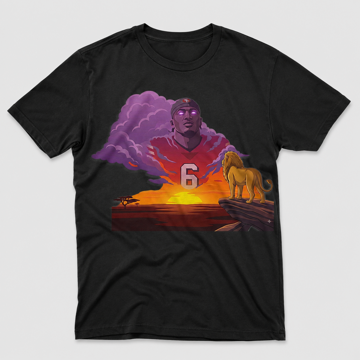 Malik Mustapha 6 San Francisco 49ers lion sunset Bay Area football graphic on black shirt