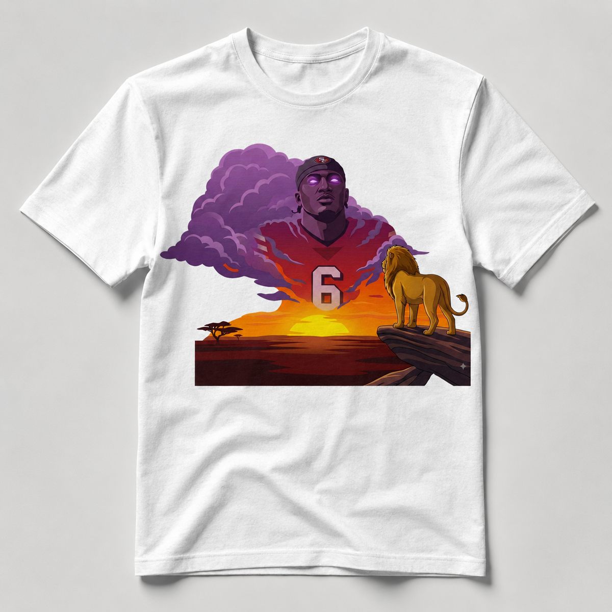 Malik Mustapha 6 San Francisco 49ers lion sunset Bay Area football graphic on white shirt