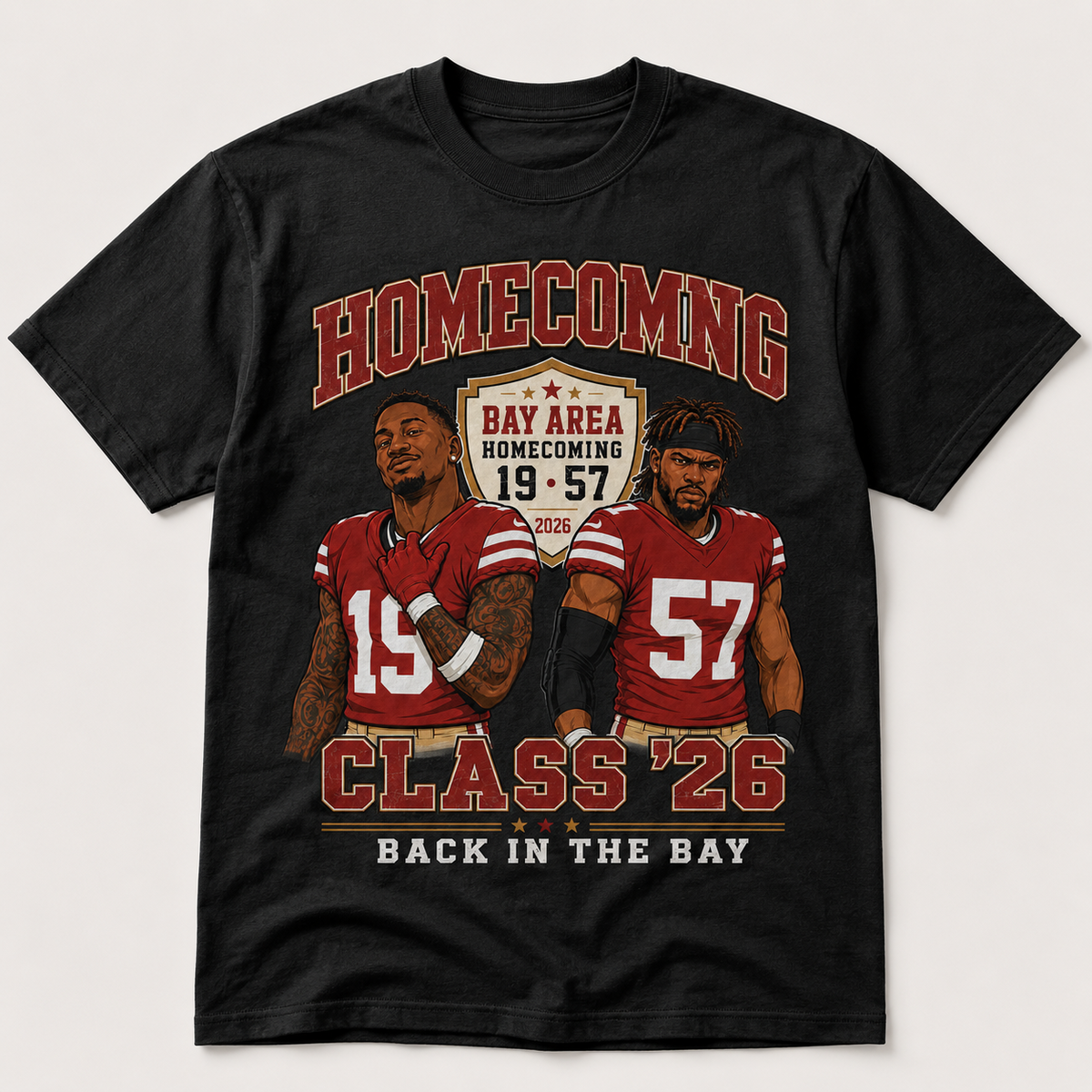 Deebo Samuel 19 and Dre Greenlaw 57 San Francisco 49ers Bay Area Homecoming Class 26 graphic on black shirt