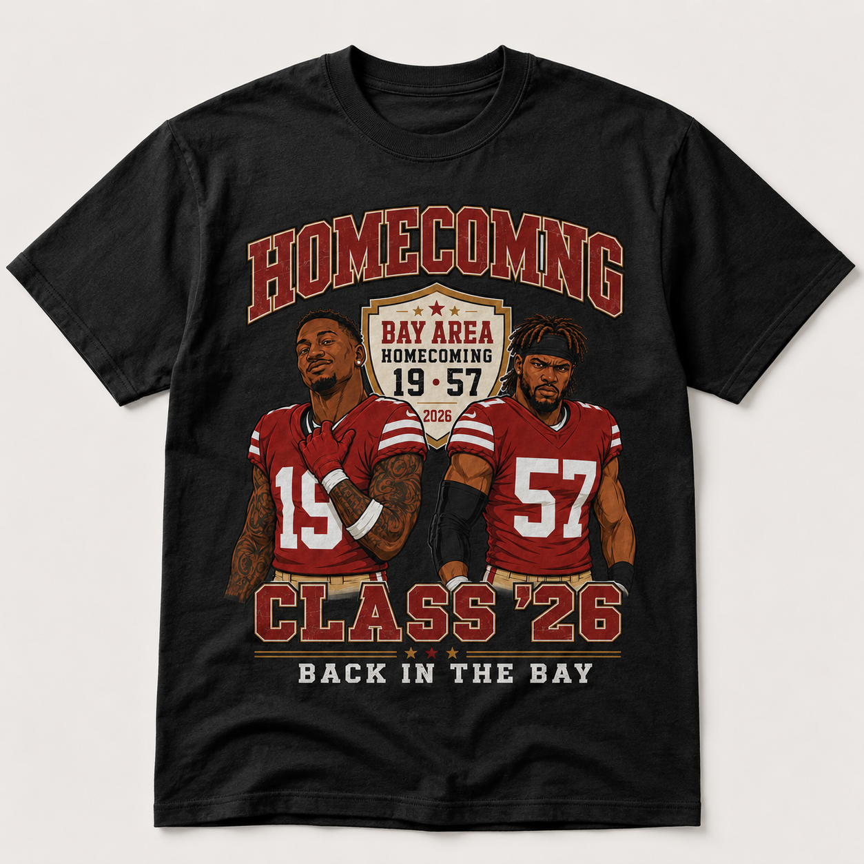 Deebo Samuel 19 and Dre Greenlaw 57 San Francisco 49ers Bay Area Homecoming Class 26 graphic on black shirt