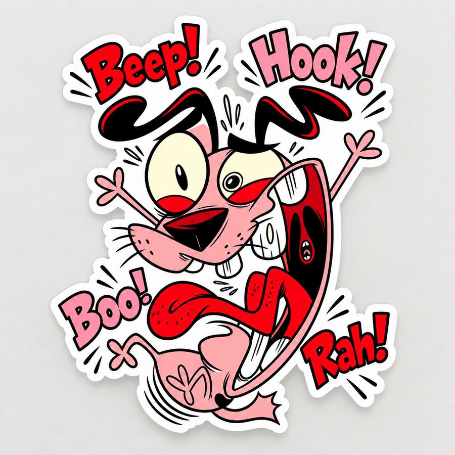 4-inch matte vinyl sticker with pink startled cartoon dog and bold Beep Hook Boo Rah lettering