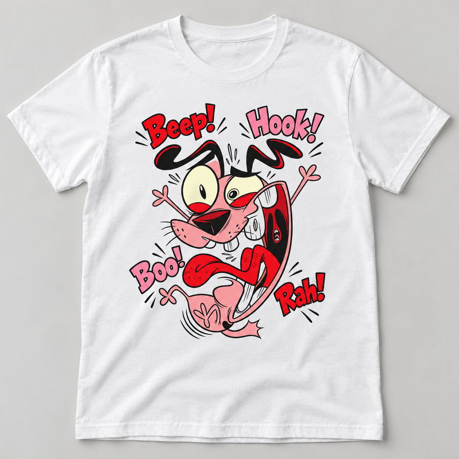 White graphic T-shirt featuring a funny startled pink cartoon dog with Beep Hook Boo Rah sound-effect lettering