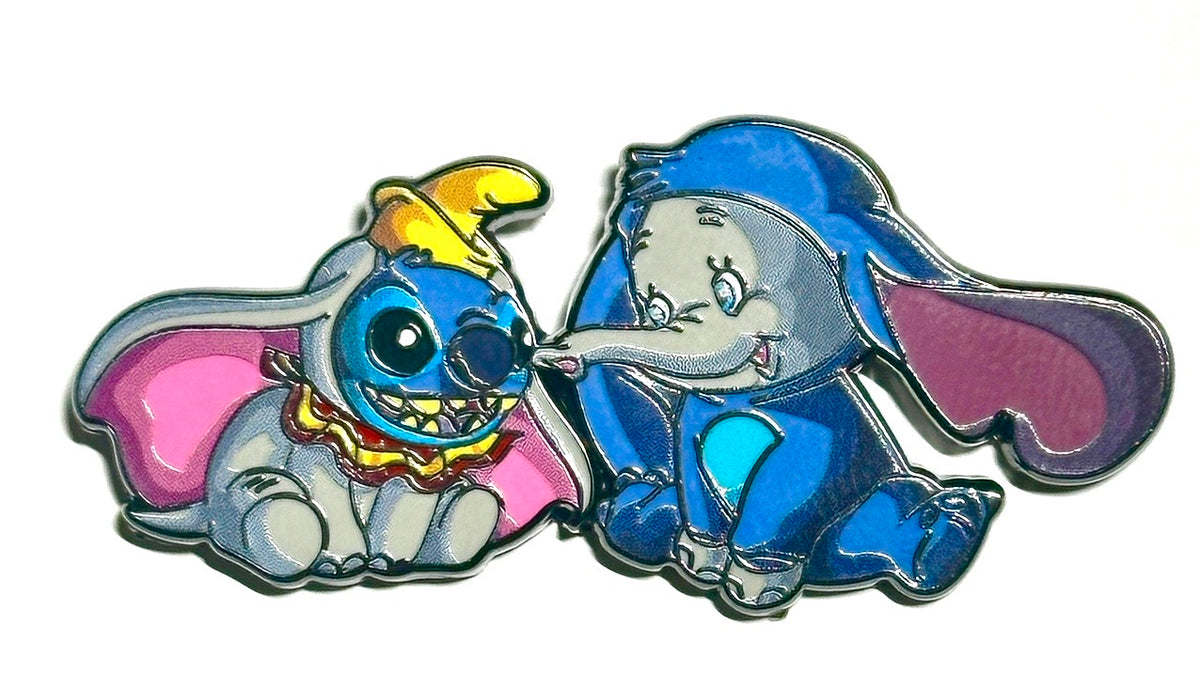 Blue alien and baby elephant big ears duo enamel pin