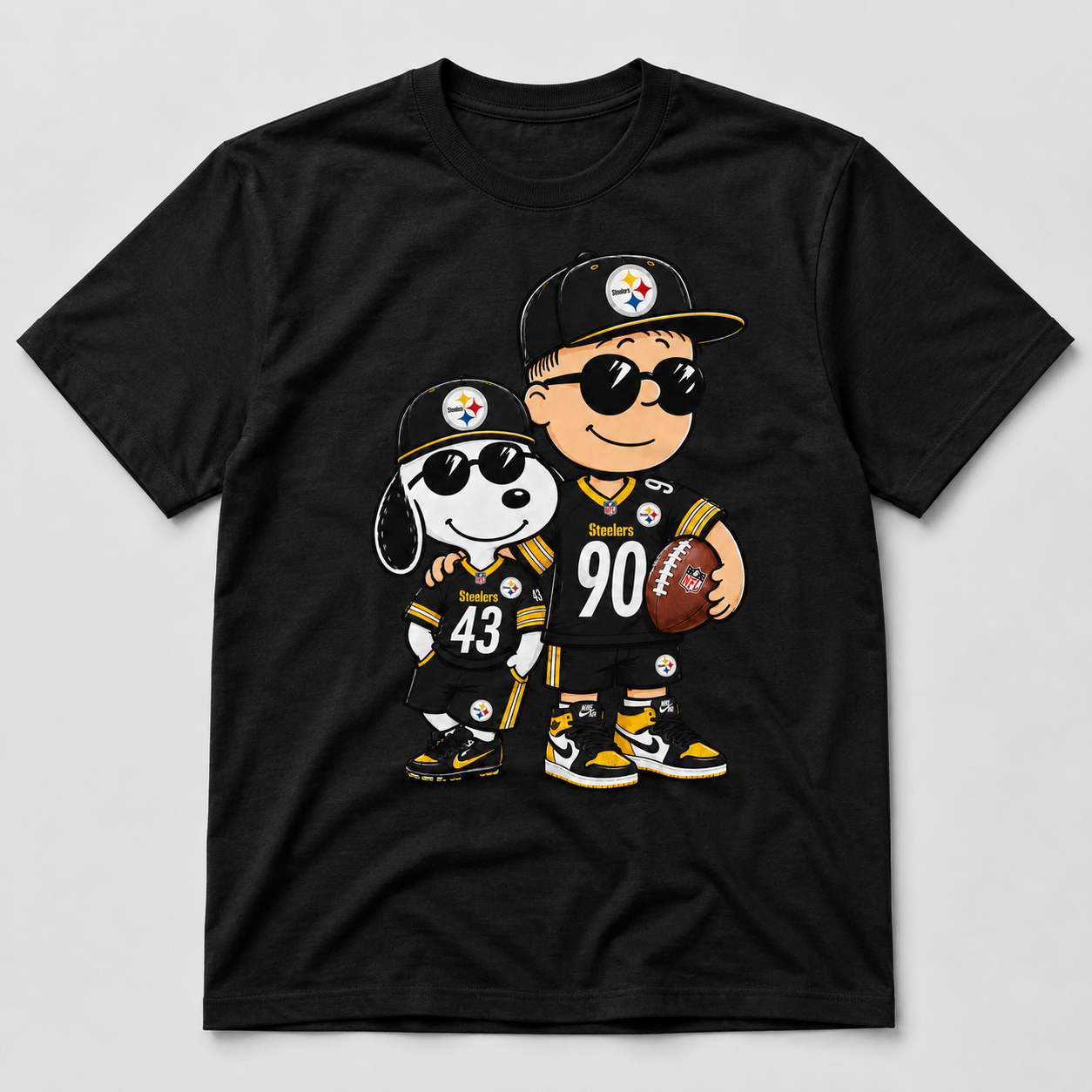 Black and gold football fan duo graphic on black T-shirt
