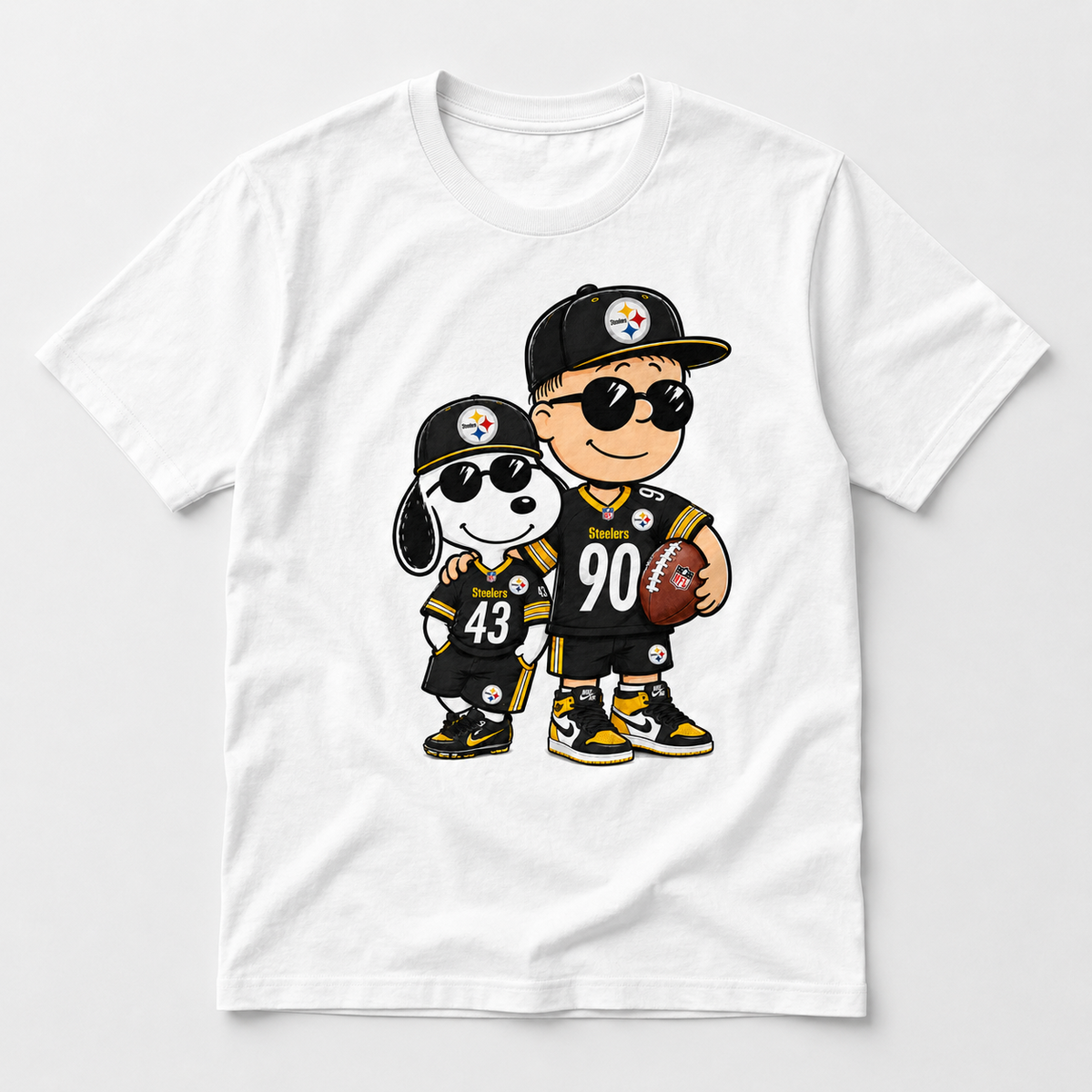 Black and gold football fan duo graphic on white T-shirt