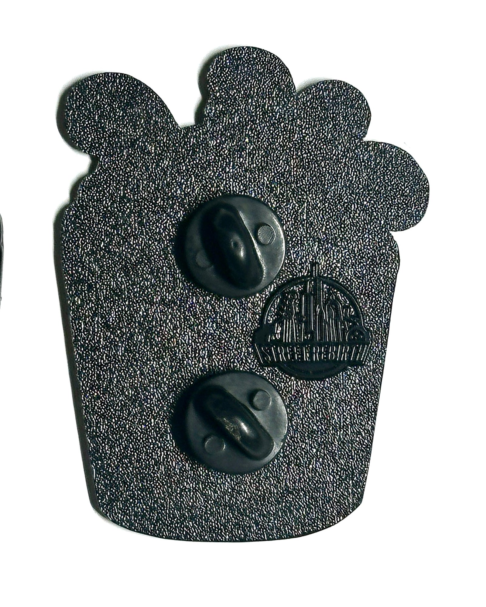 black metal two-post backing of curly fries enamel pin