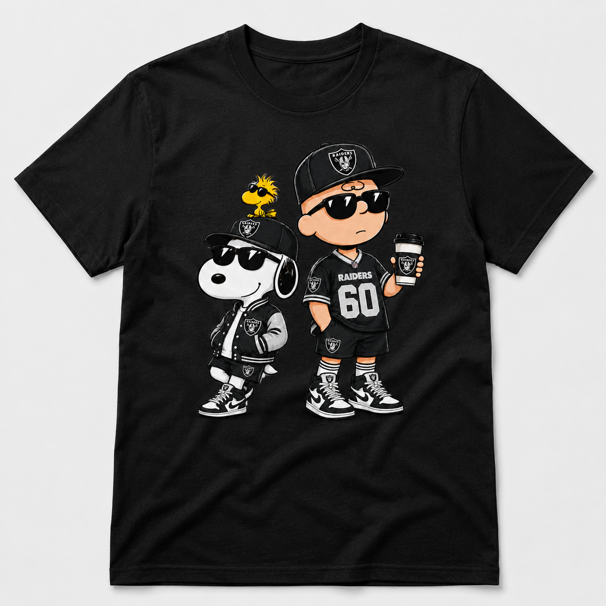 Black and silver football fan duo graphic on black T-shirt