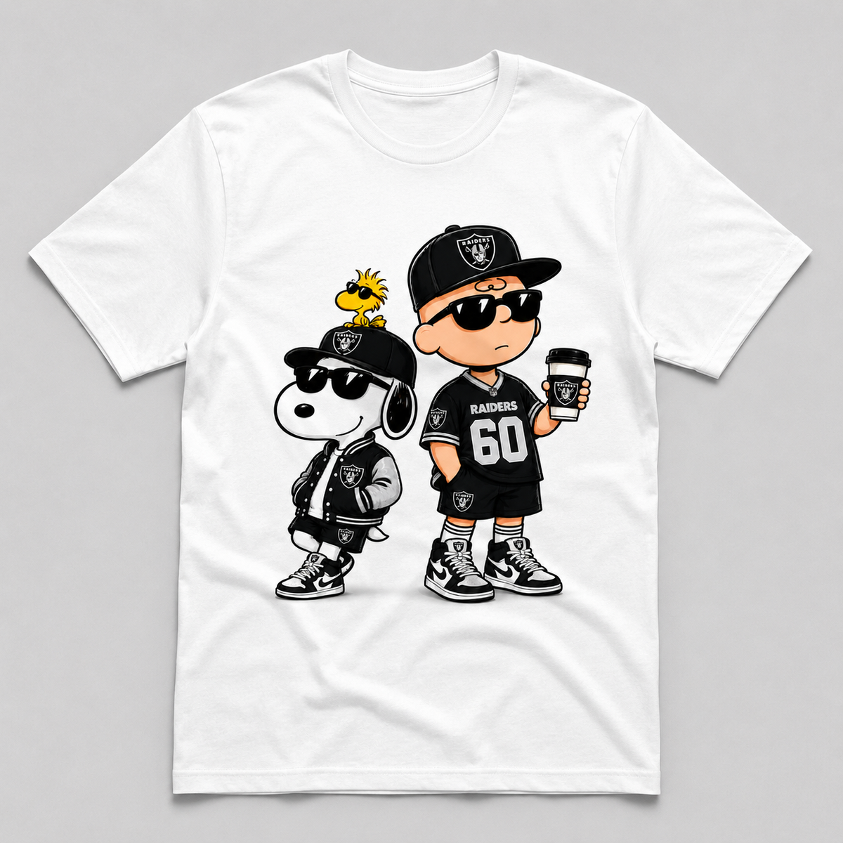 Black and silver football fan duo graphic on white T-shirt