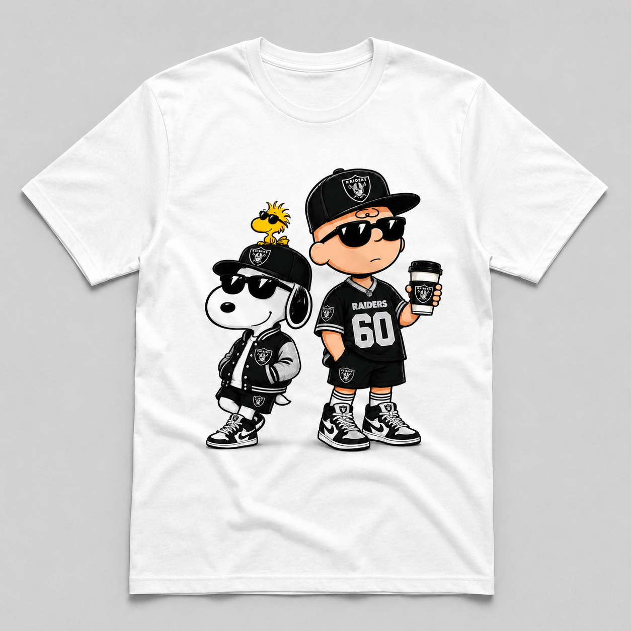 Black and silver football fan duo graphic on white T-shirt