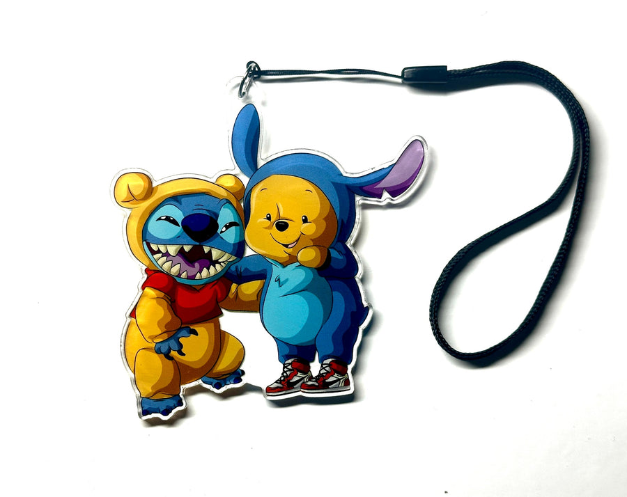 Blue alien and honey bear costume mashup acrylic wrist strap keychain on white background, front product photo