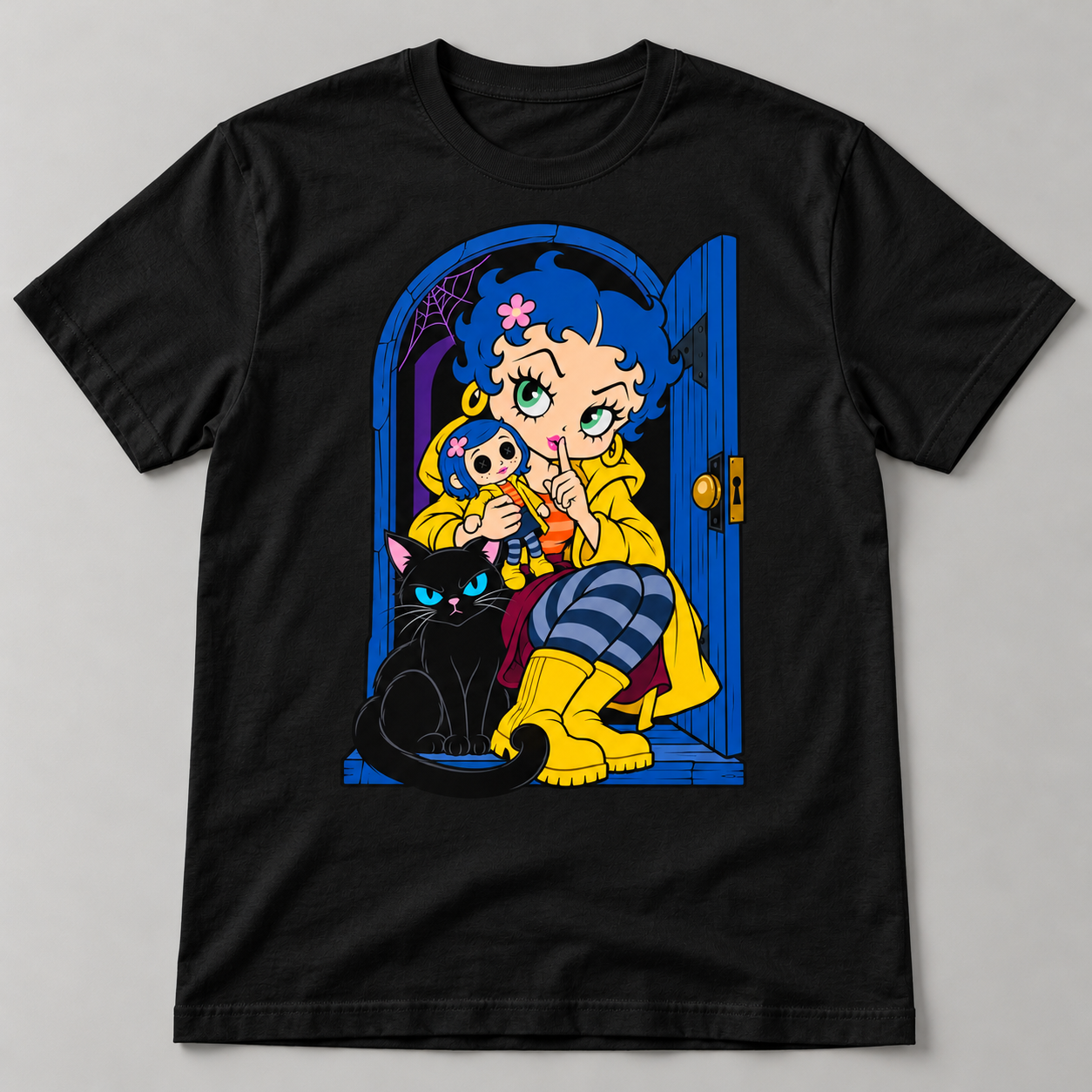 Black graphic T-shirt with spooky cartoon mashup of blue-haired girl, yellow coat, black cat and blue door