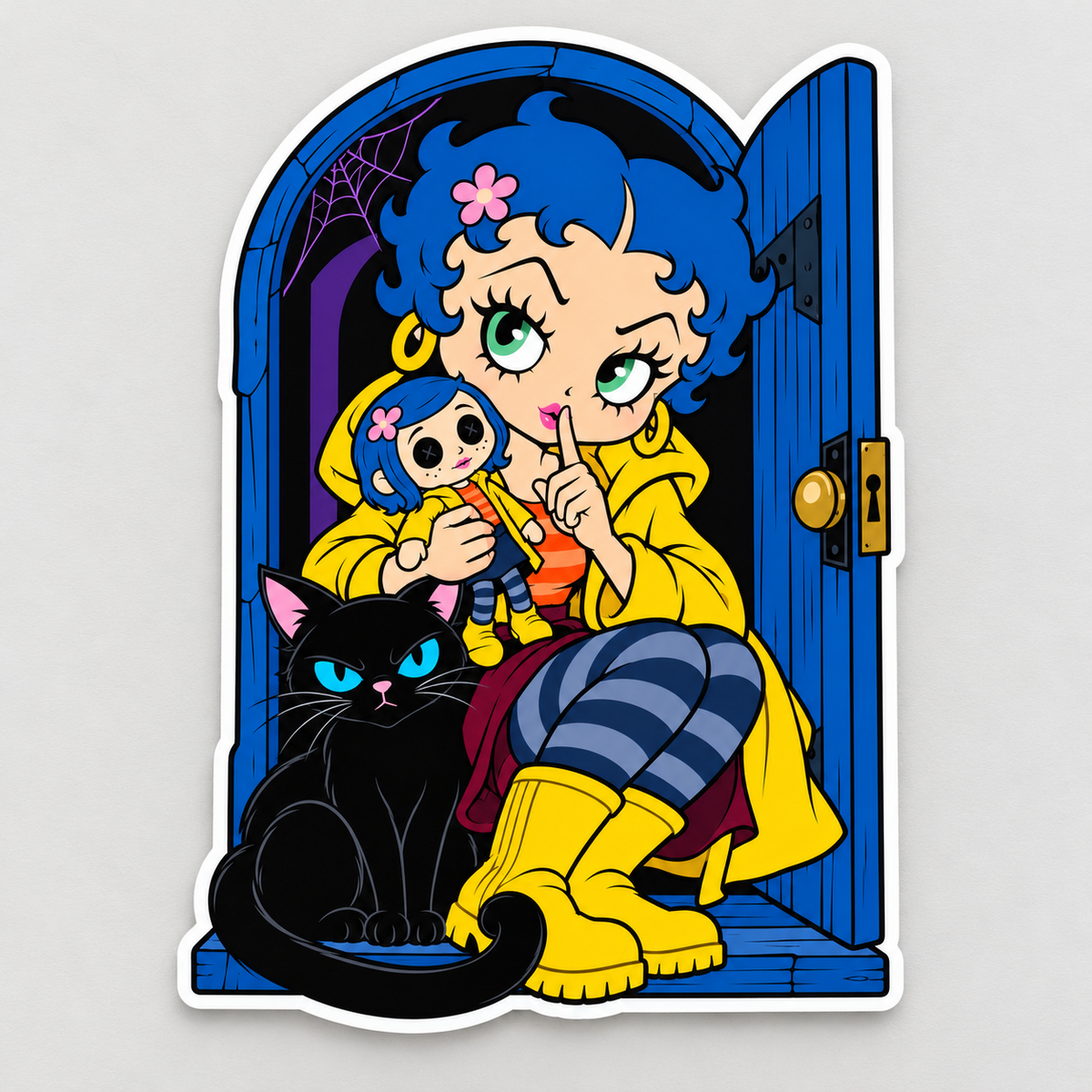 Spooky cartoon mashup sticker with blue-haired girl, yellow raincoat, doll, black cat and open blue door