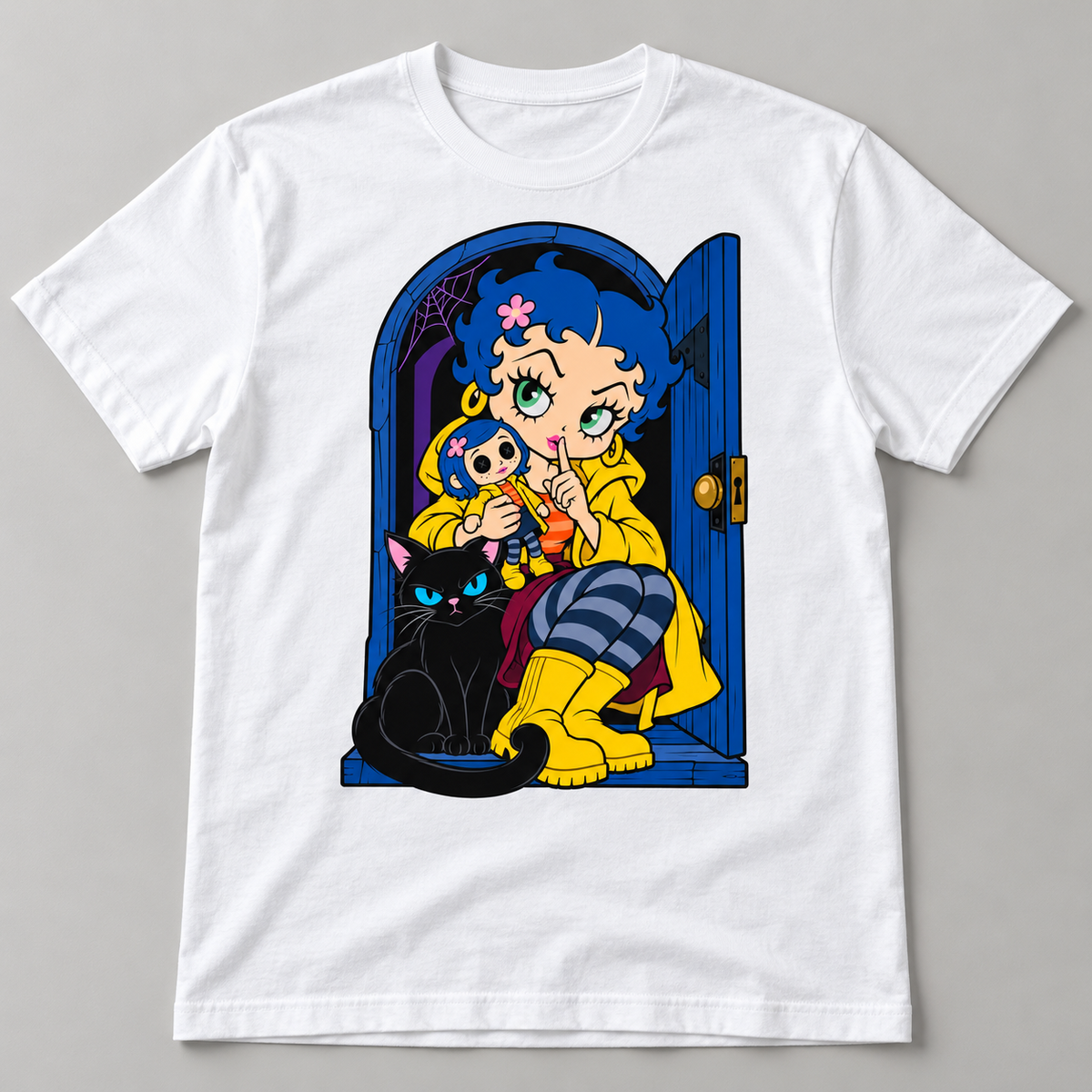 White graphic T-shirt with spooky cartoon mashup of blue-haired girl, yellow coat, black cat and blue door