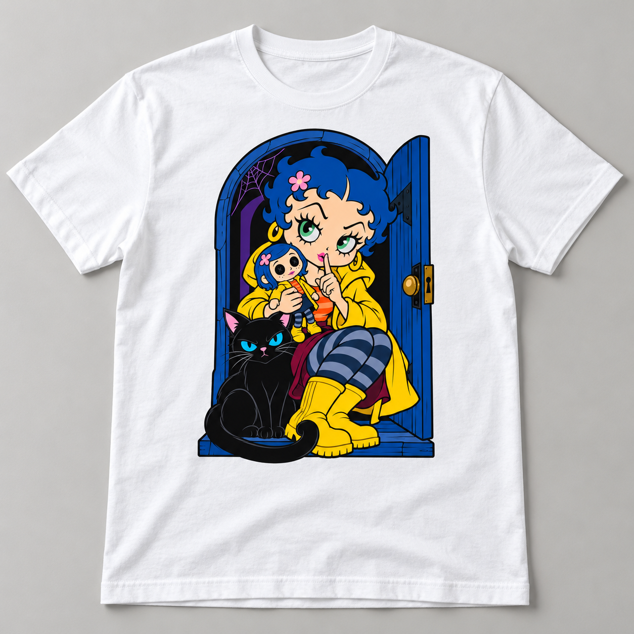 White graphic T-shirt with spooky cartoon mashup of blue-haired girl, yellow coat, black cat and blue door