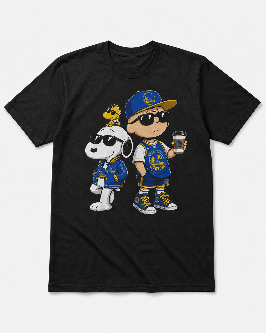 Blue and gold basketball fan duo graphic on black T-shirt