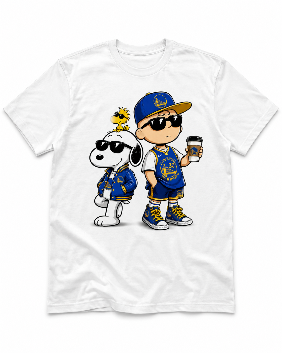 Blue and gold basketball fan duo graphic on white T-shirt