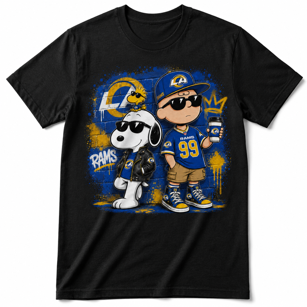 Blue and gold football fan duo graphic on black T-shirt