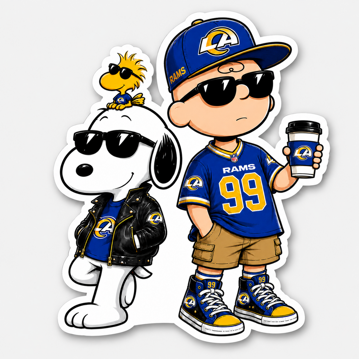 Blue and gold football fan duo matte vinyl sticker with retro cartoon styling