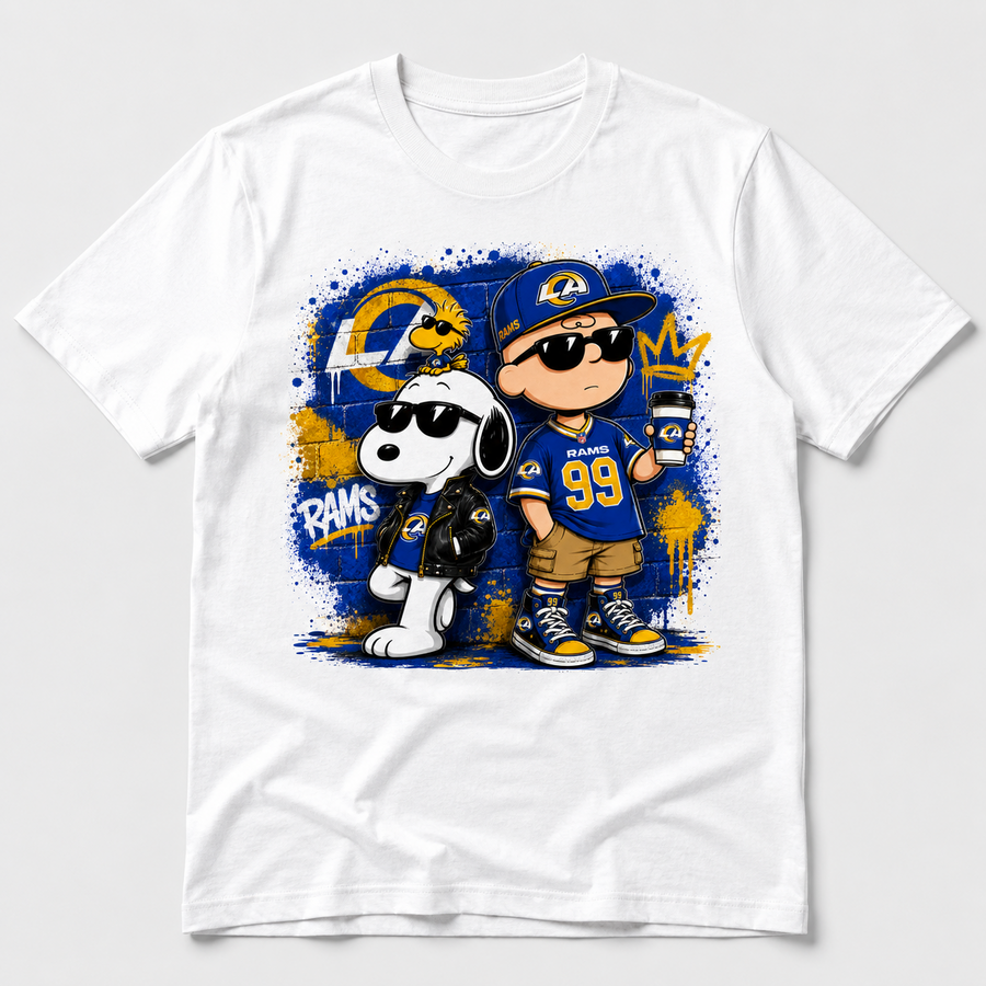 Blue and gold football fan duo graphic on white T-shirt