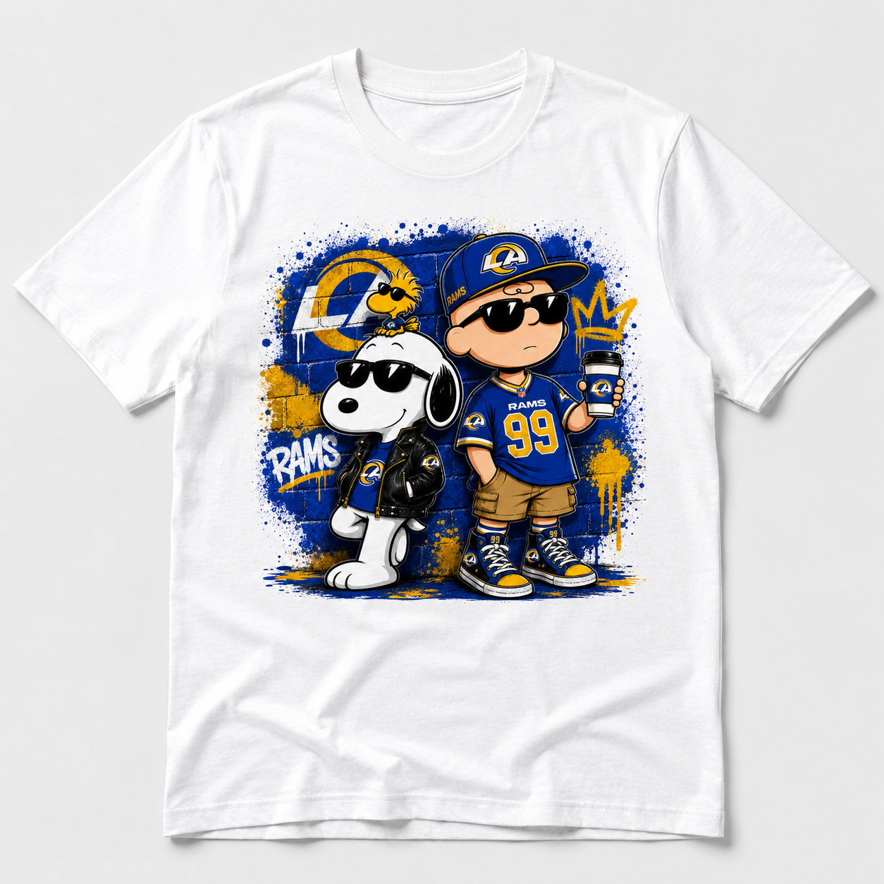 Blue and gold football fan duo graphic on white T-shirt