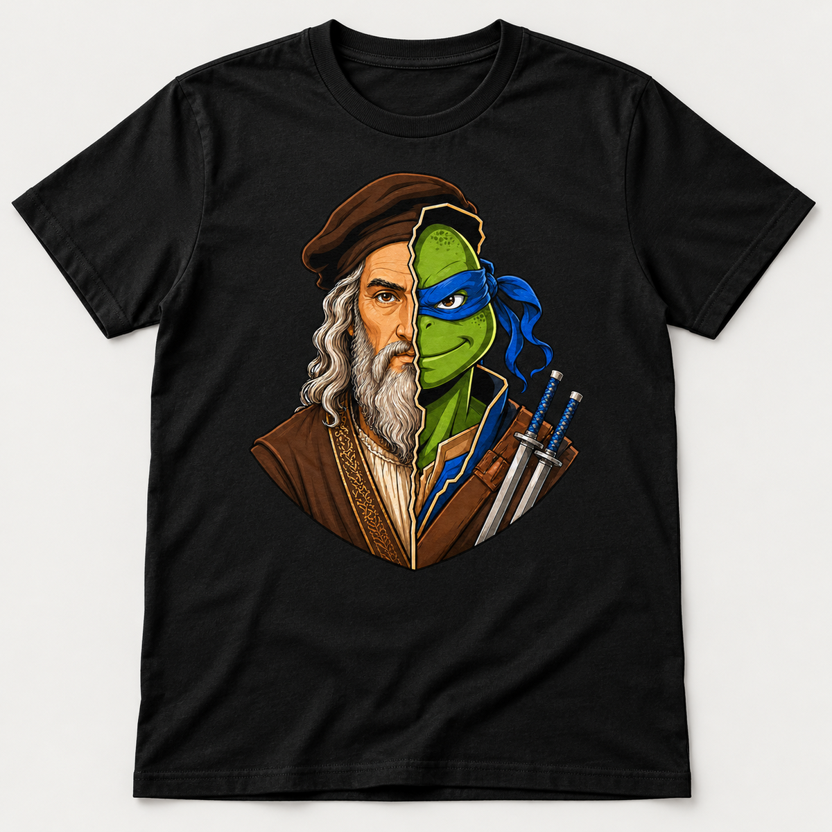 Black graphic T-shirt with a blue-bandana ninja and long-bearded Renaissance artist split portrait and two swords