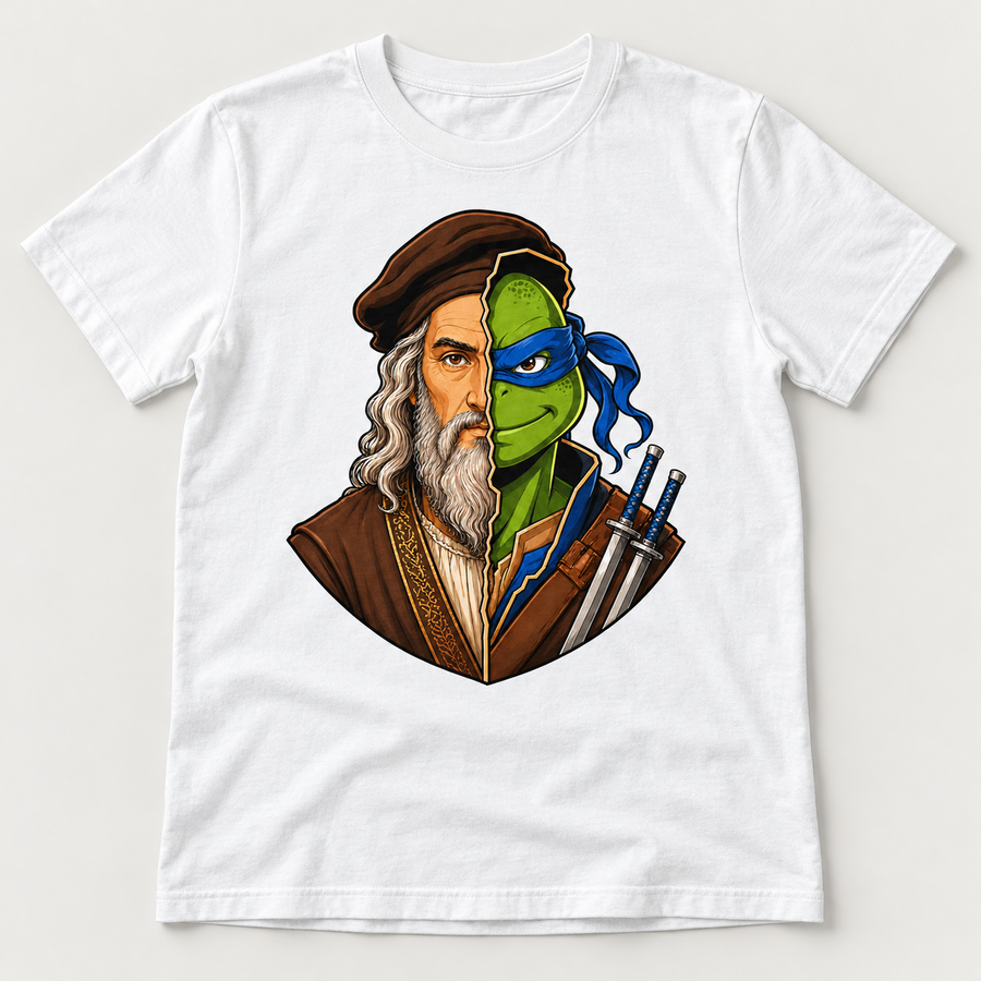 White graphic T-shirt showing blue-masked green ninja and silver-haired Renaissance artist in a split-face portrait with twin swords