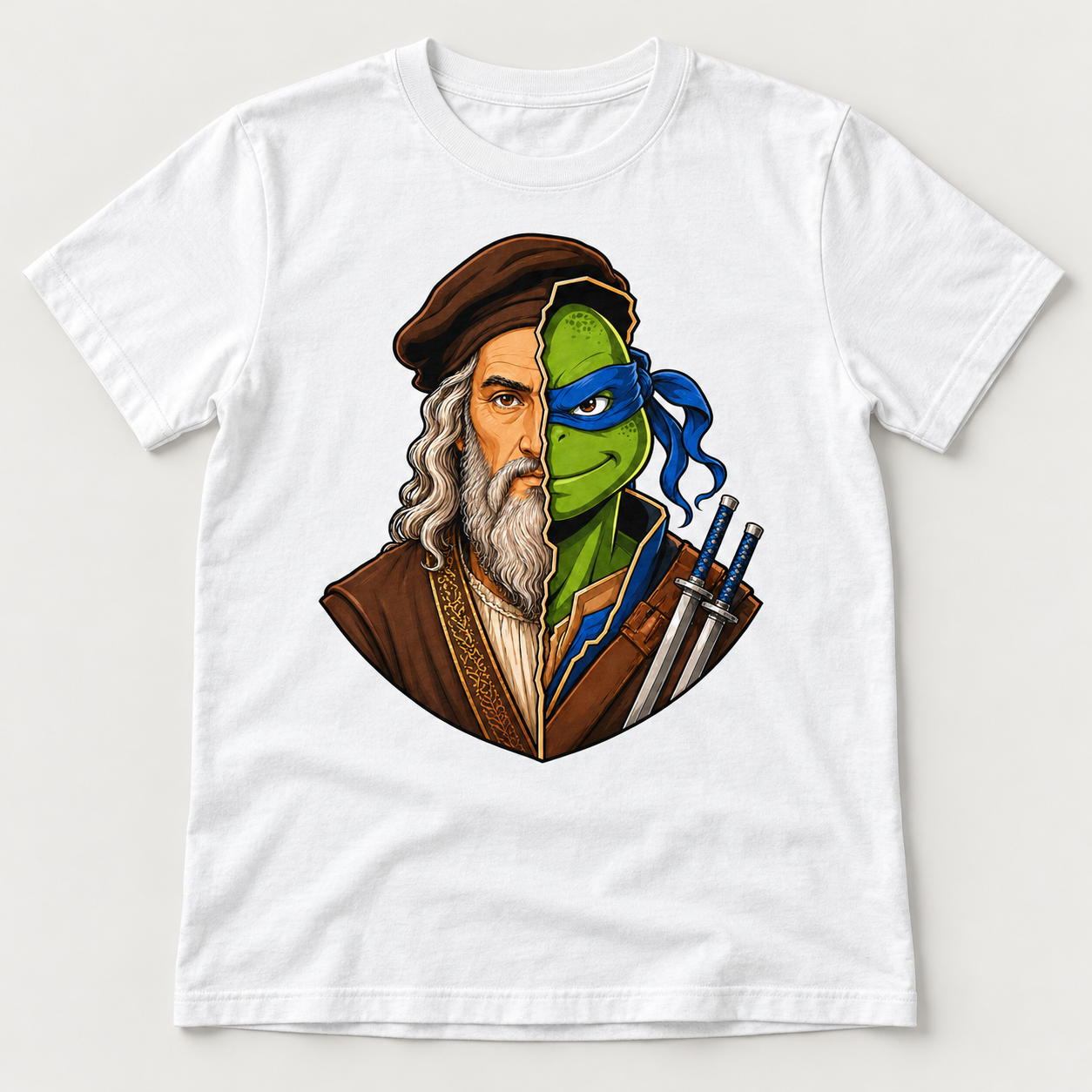 White graphic T-shirt showing blue-masked green ninja and silver-haired Renaissance artist in a split-face portrait with twin swords