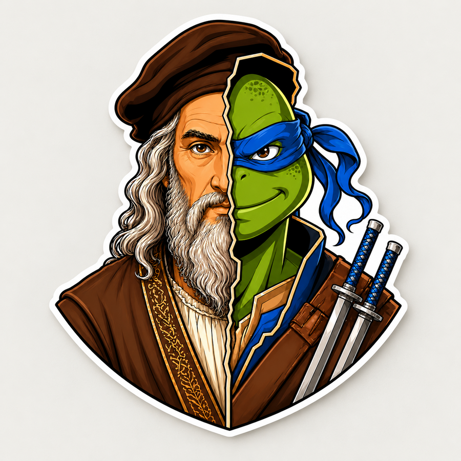 Die-cut matte vinyl sticker with a split portrait of a gray-bearded Renaissance artist and a green blue-masked ninja holding two swords