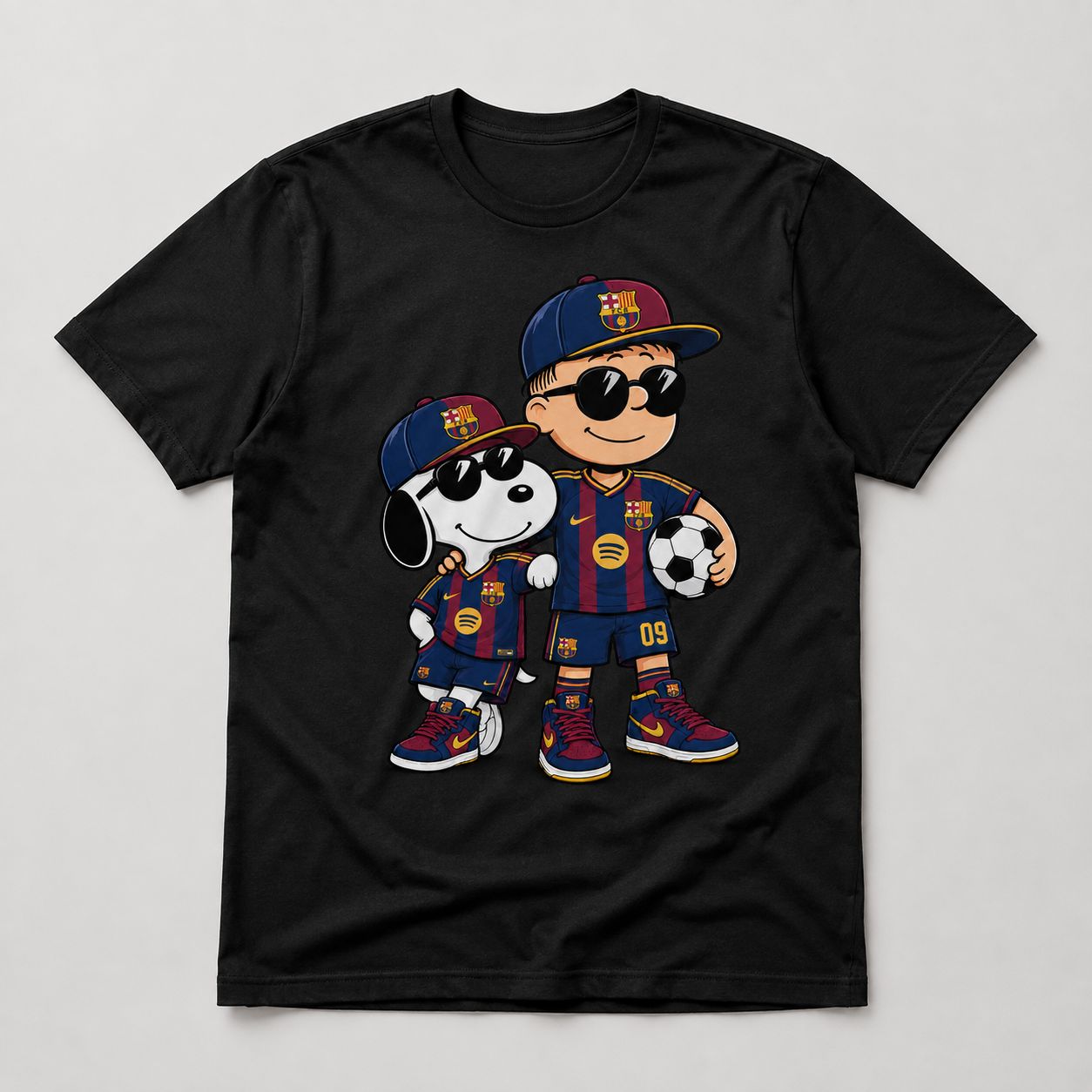 Blue and red soccer fan duo graphic on black T-shirt