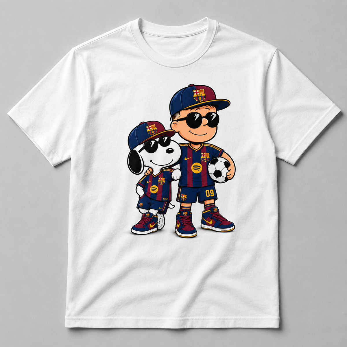 Blue and red soccer fan duo graphic on white T-shirt