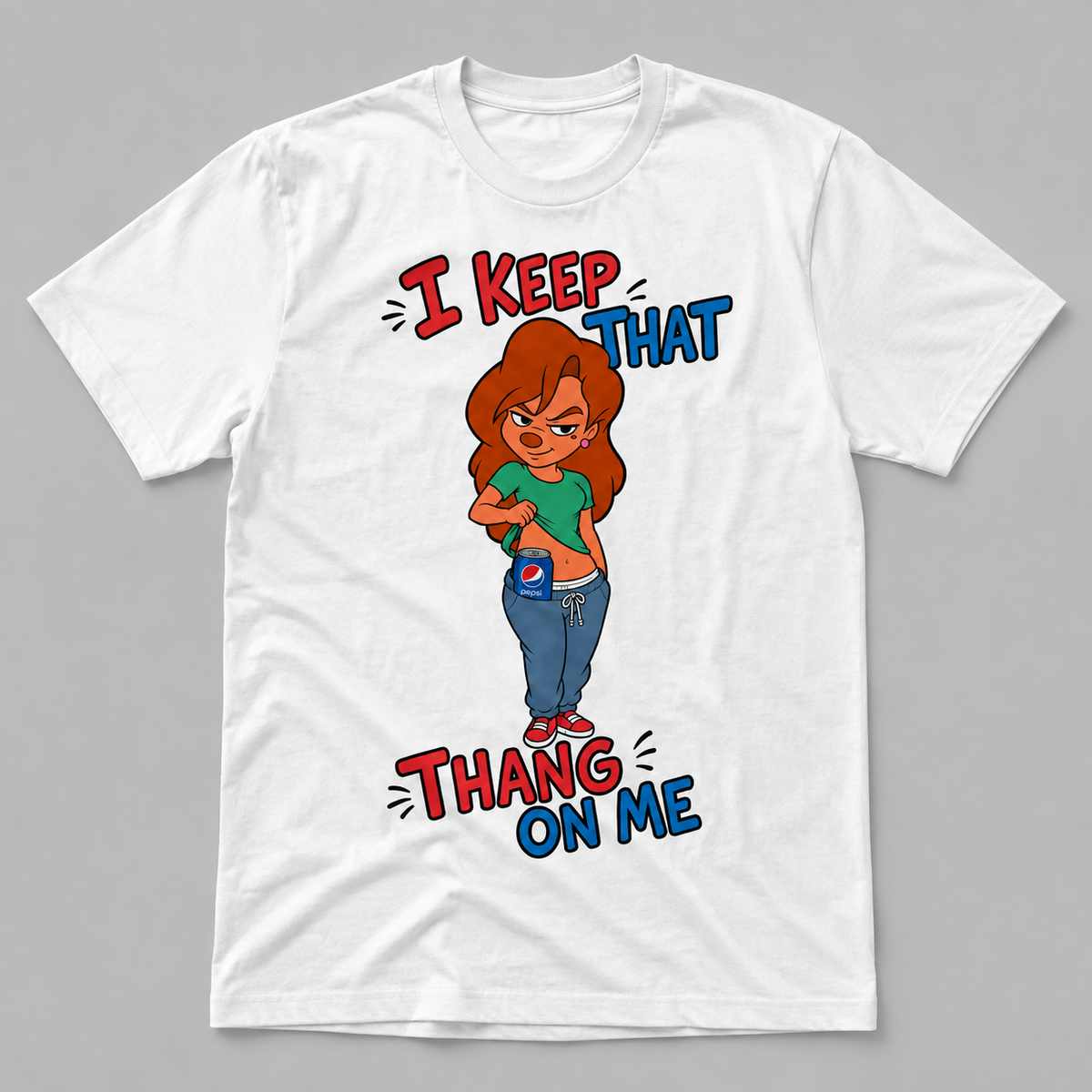 White graphic T-shirt with confident cartoon woman revealing a blue soda can