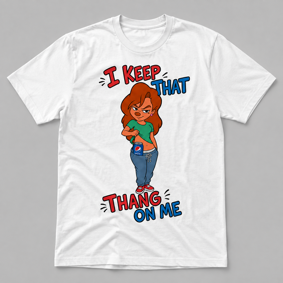 White graphic T-shirt with confident cartoon woman revealing a blue soda can