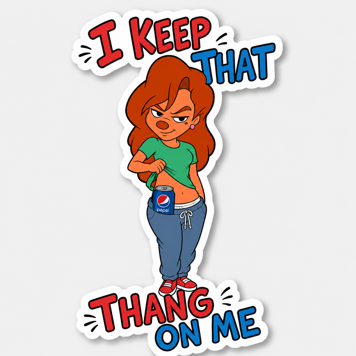 Four-inch vinyl sticker of confident cartoon woman revealing a blue soda can