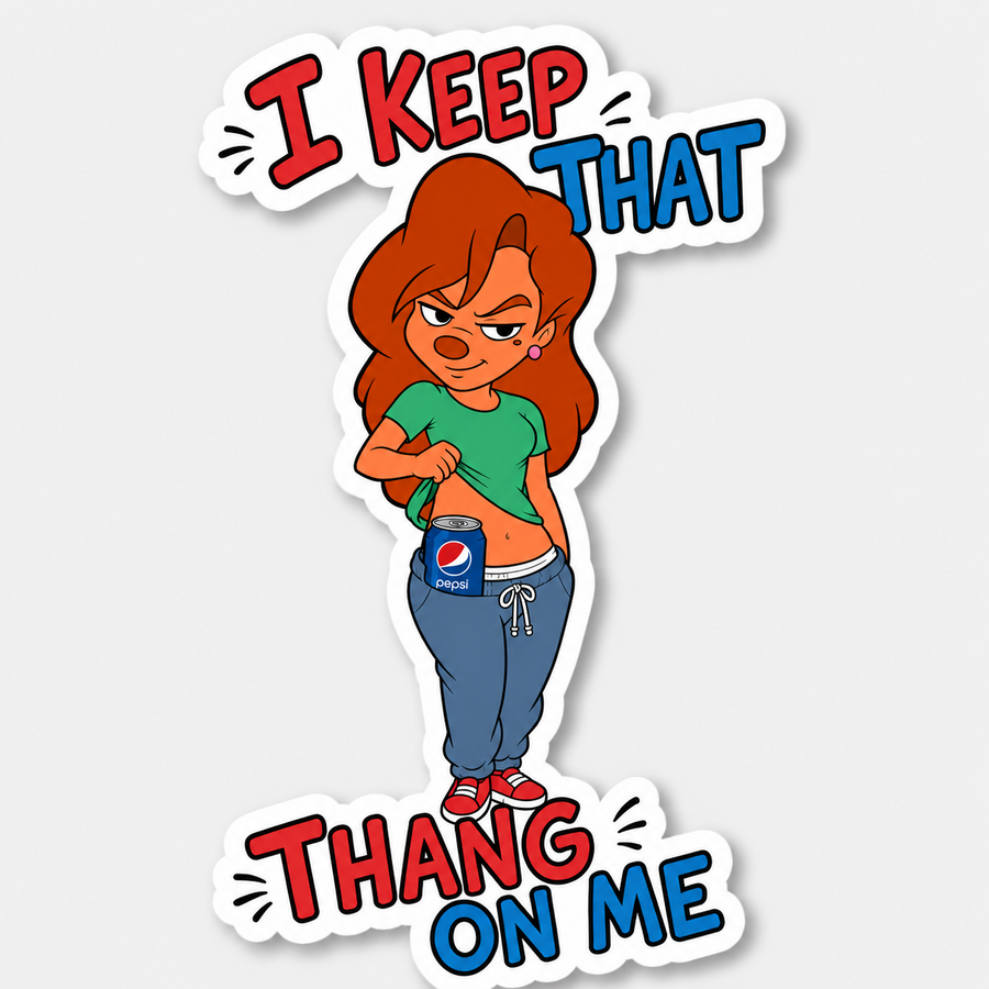Four-inch vinyl sticker of confident cartoon woman revealing a blue soda can