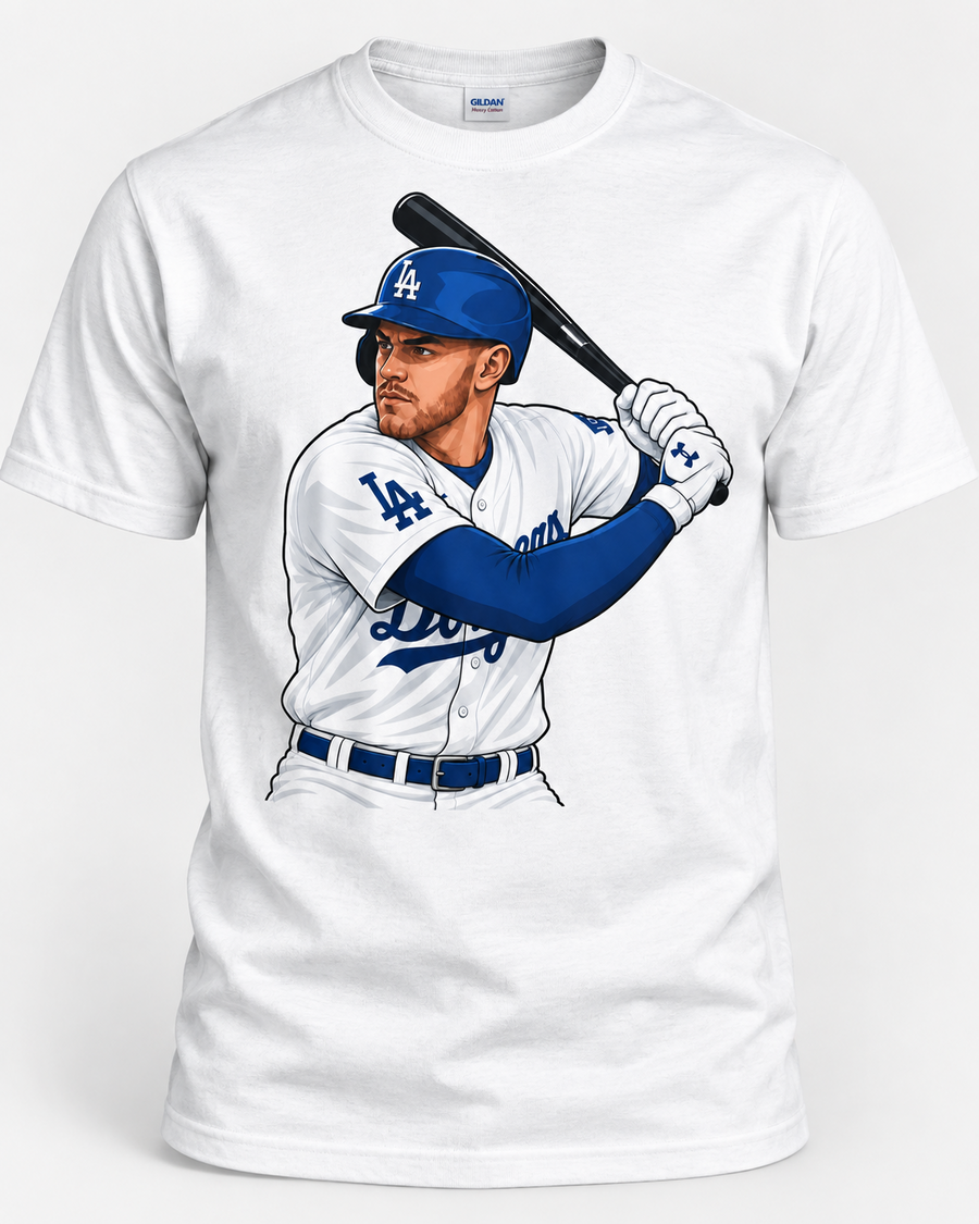 Blue and white baseball slugger graphic tee on white shirt