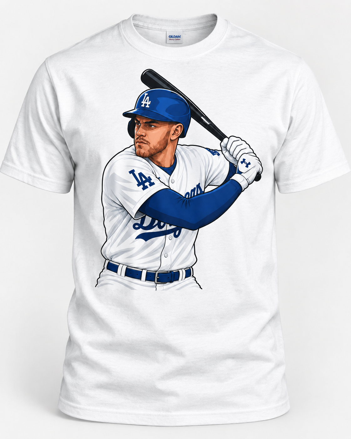 Blue and white baseball slugger graphic tee on white shirt