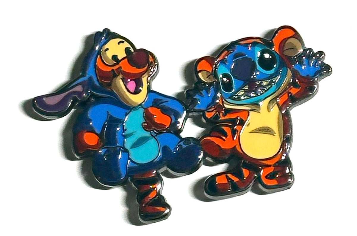 Blue alien and orange striped tiger costume duo enamel pin